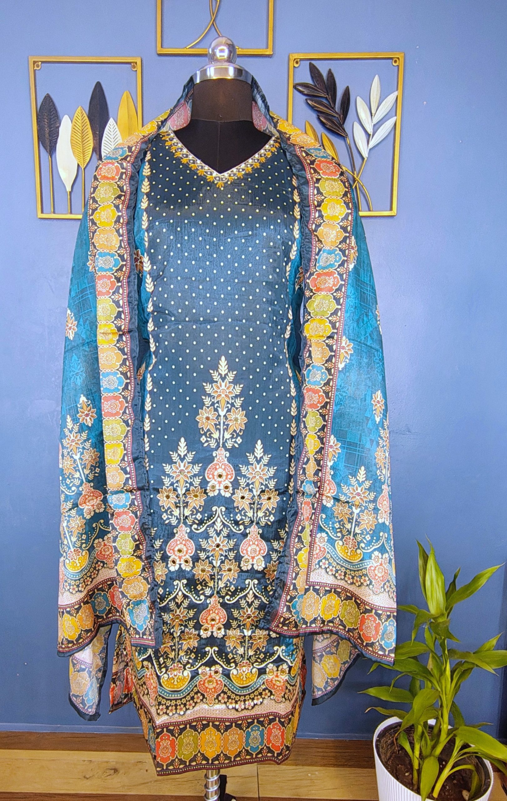 Teal Blue Mul Crepe Embroidered Straight Kurta Set with Pant & Dupatta - Image 7