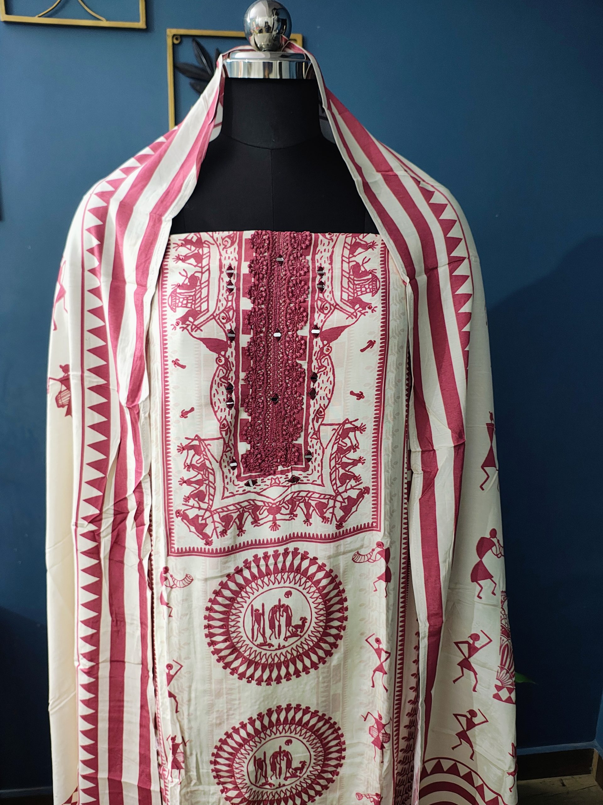 Muslin Printed Semi-Stitched Hand Embroidered White & Brick Red Salwar Material - Image 2