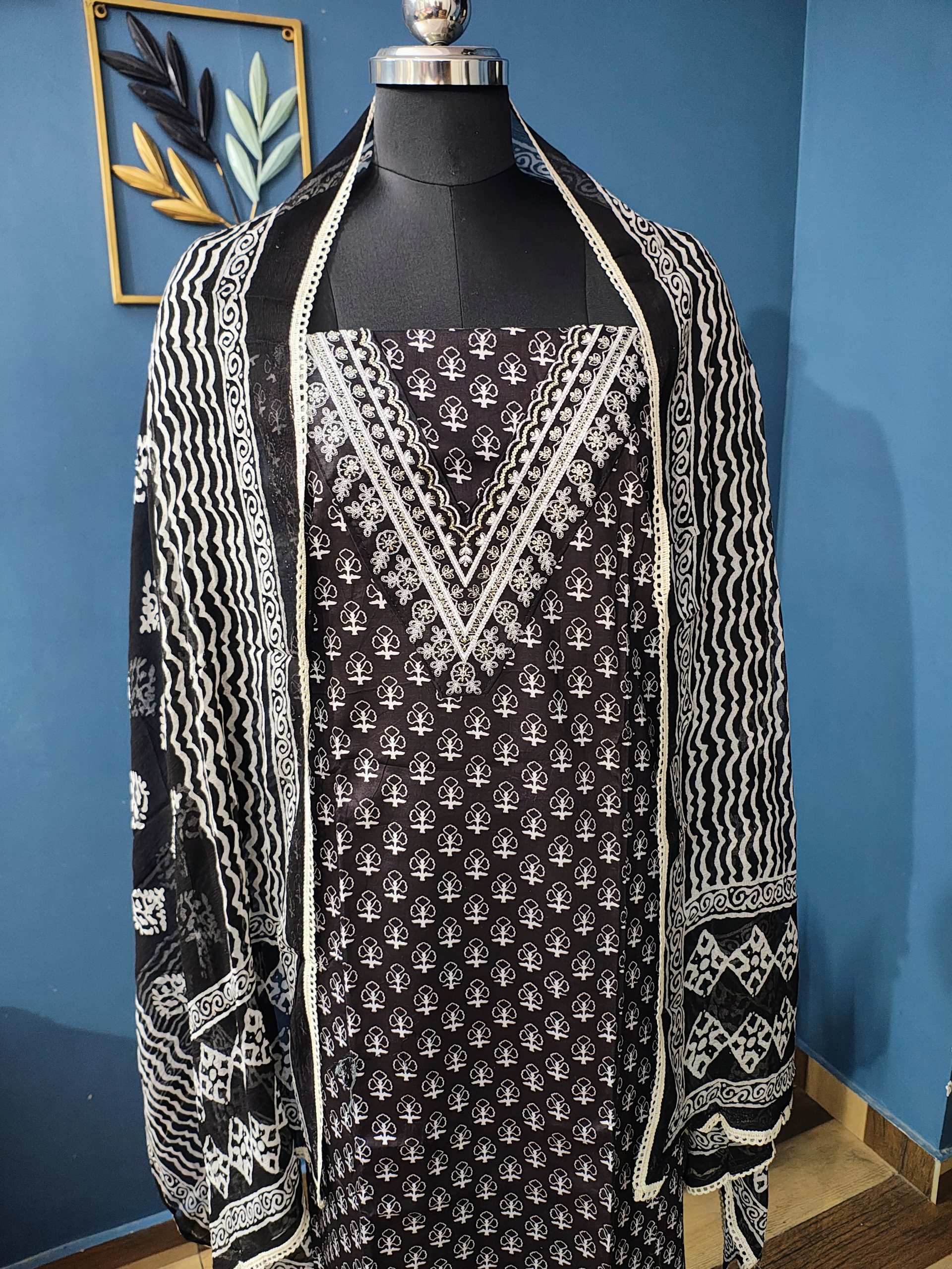 Cotton Black & White Printed Embroidered Salwar Material - Image 2