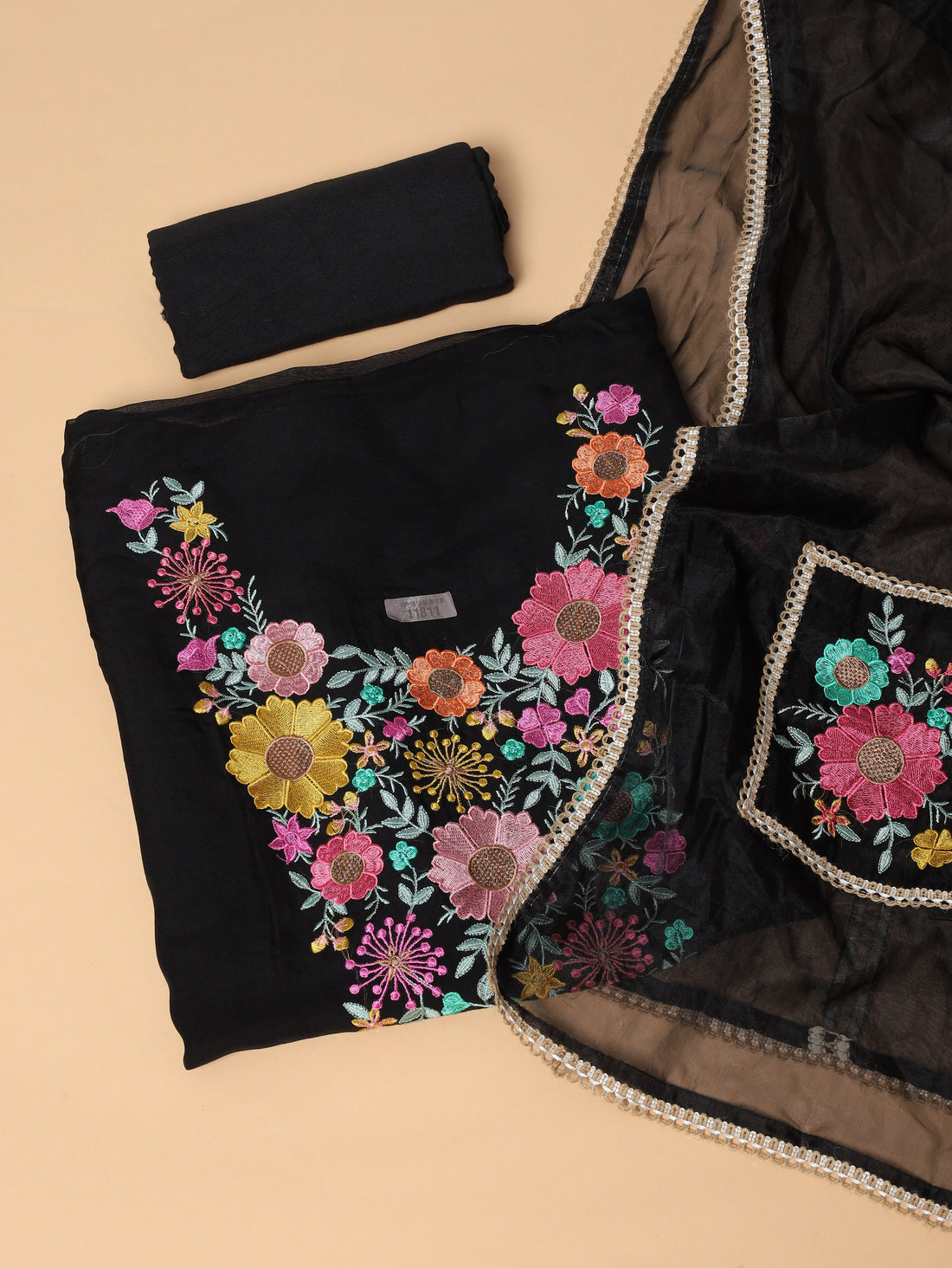 Black Organza Multi-Colour Floral Embroidered Salwar Material with Neckline & Dupatta Panel Work
