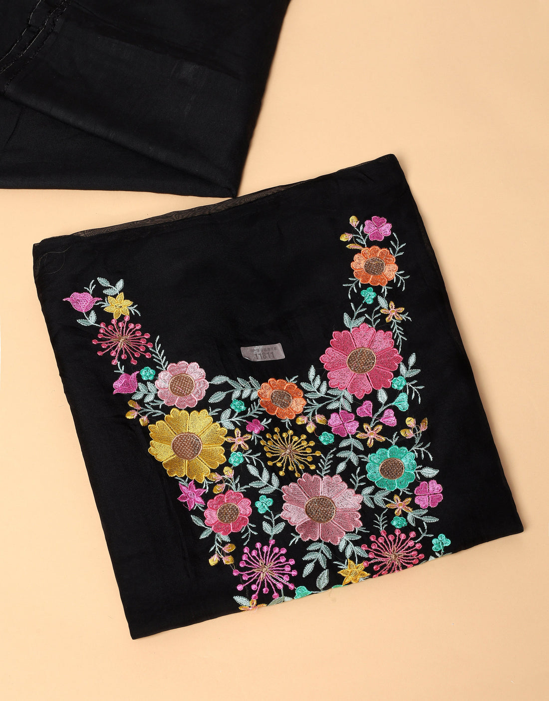 Black Organza Multi-Colour Floral Embroidered Salwar Material with Neckline & Dupatta Panel Work - Image 4