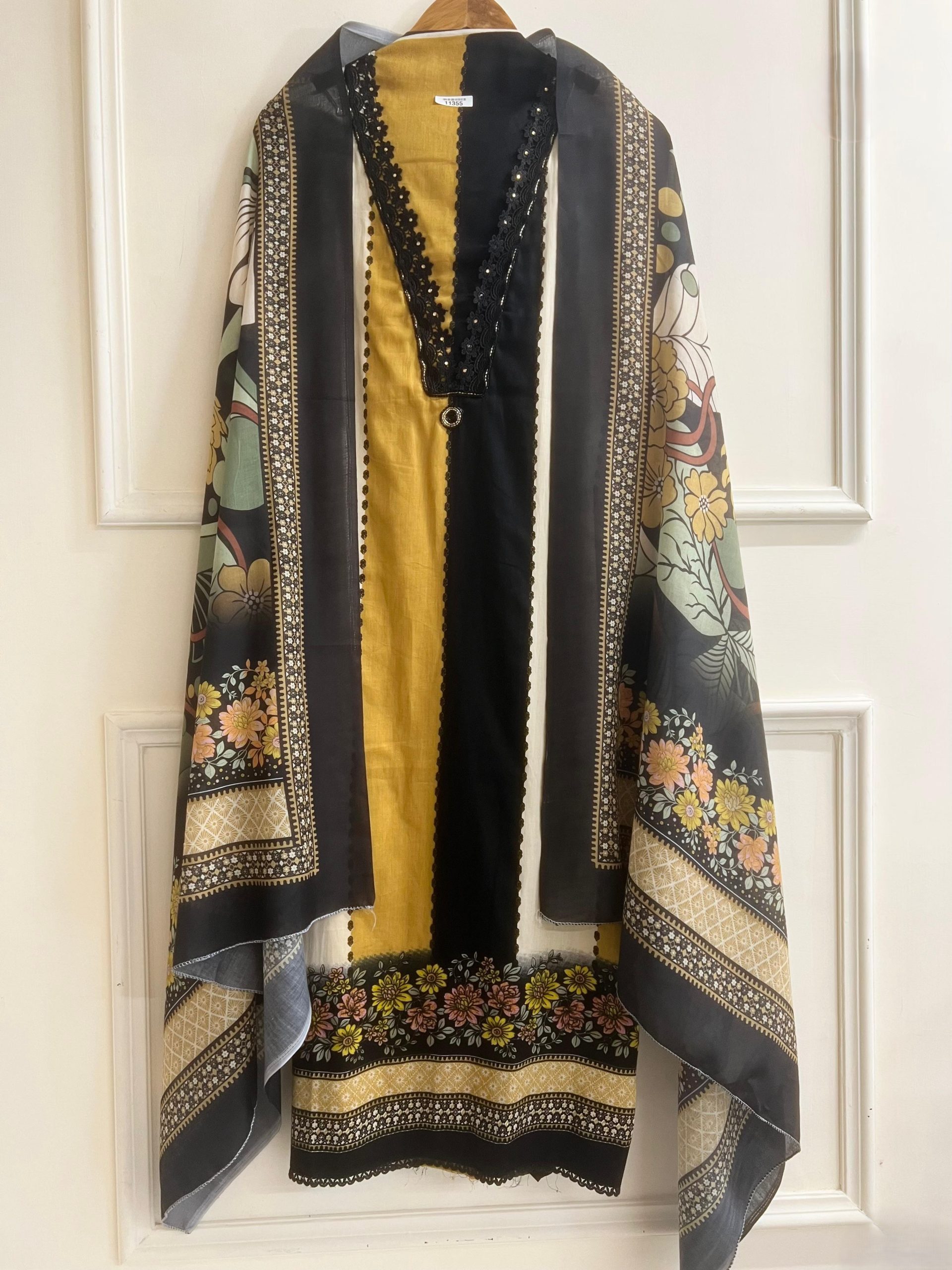 Cotton Yellow Embroidered Printed Unstitched Salwar Material - Image 2