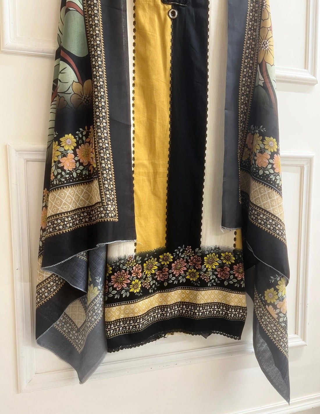 Cotton Yellow Embroidered Printed Unstitched Salwar Material - Image 3