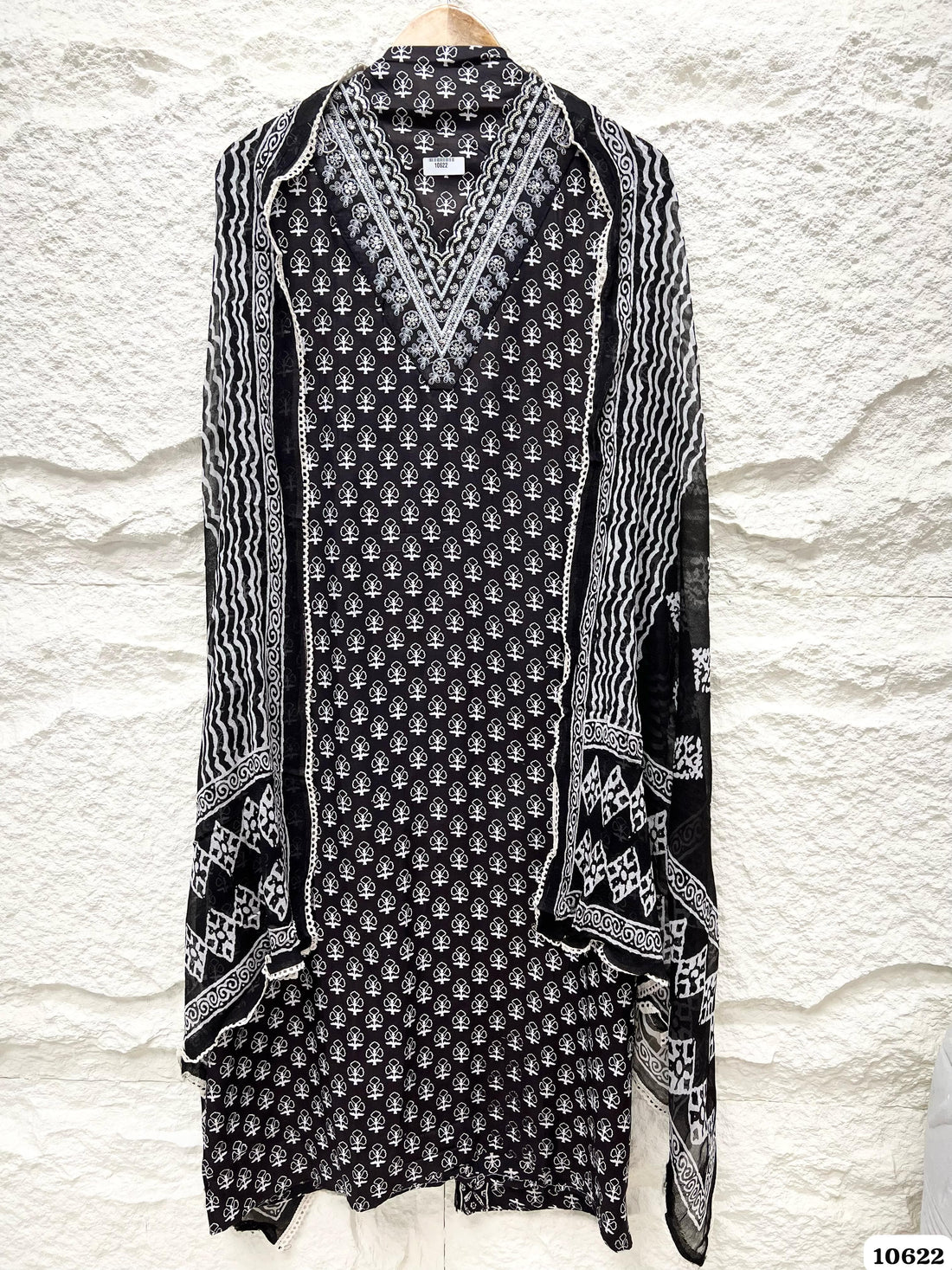 Cotton Black & White Printed Embroidered Salwar Material