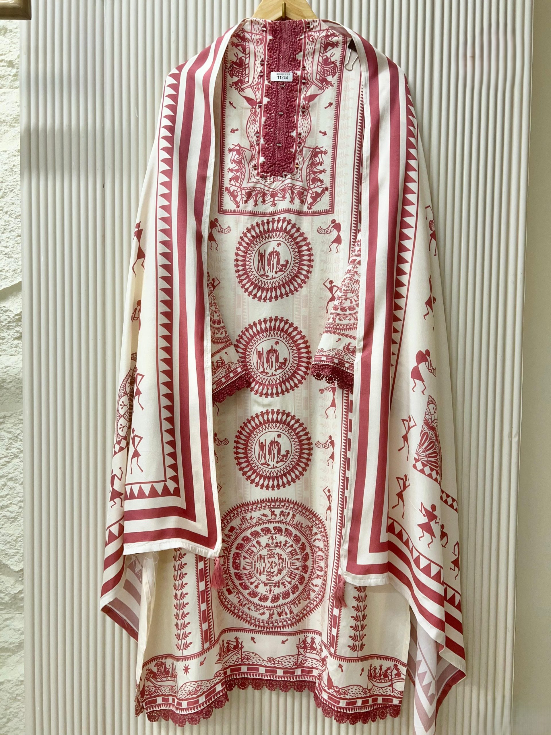 Muslin Printed Semi-Stitched Hand Embroidered White & Brick Red Salwar Material