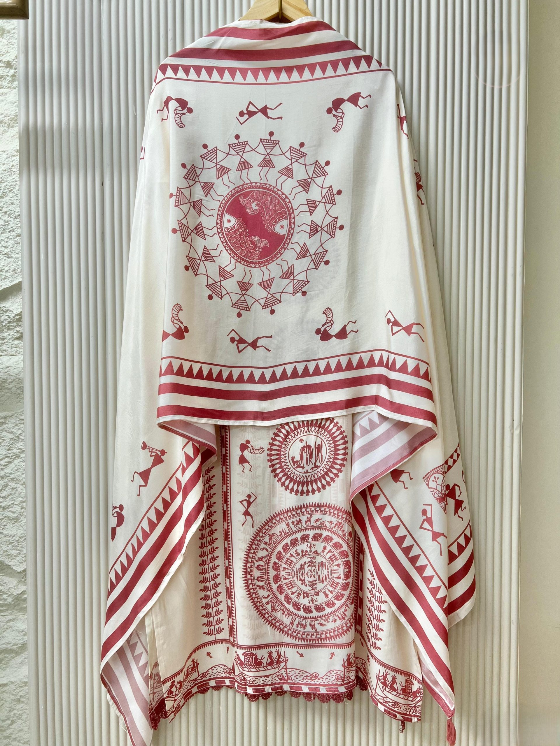 Muslin Printed Semi-Stitched Hand Embroidered White & Brick Red Salwar Material - Image 3