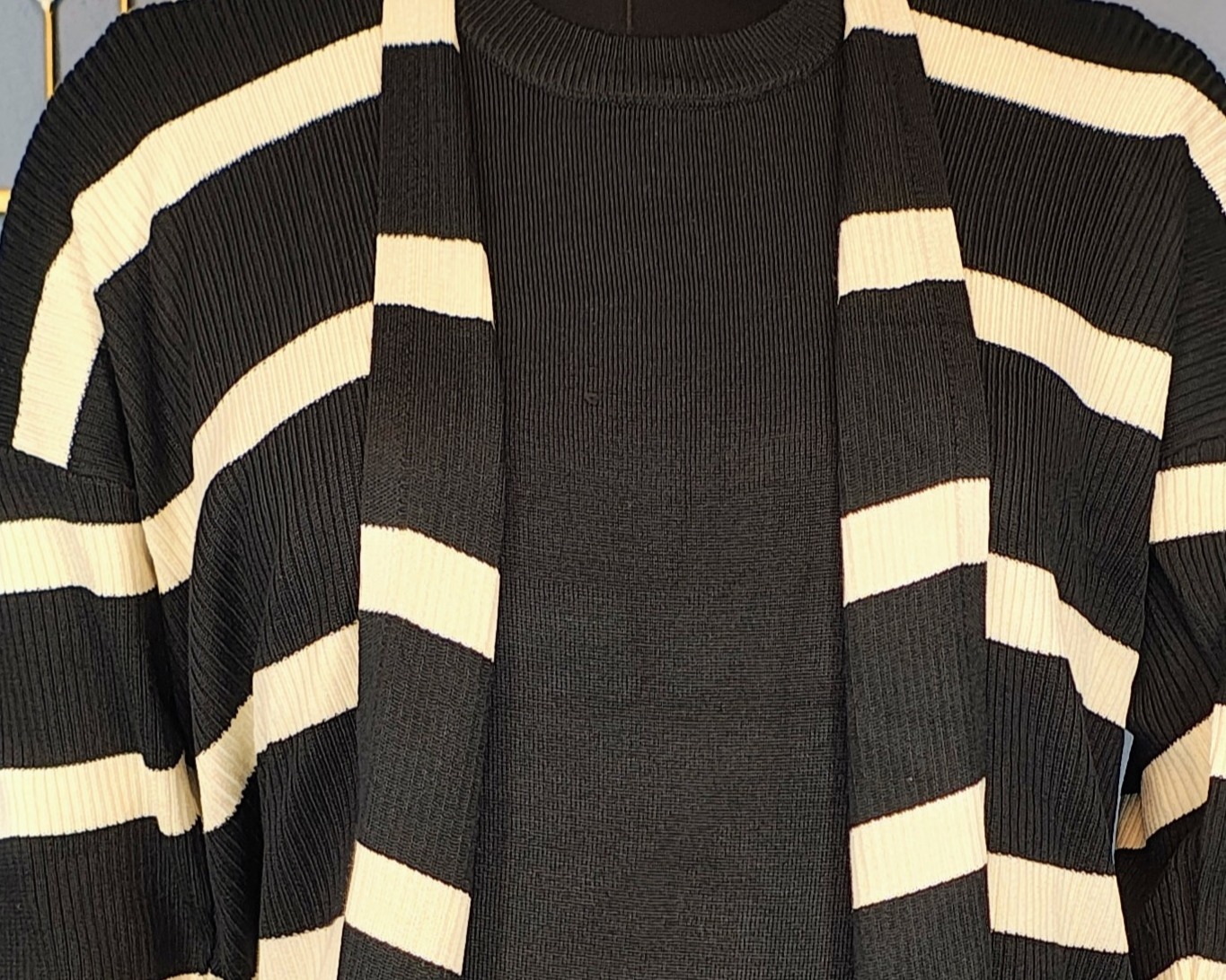 Black Bodycon Dress with Black Shrug Featuring White Stripes - Image 2