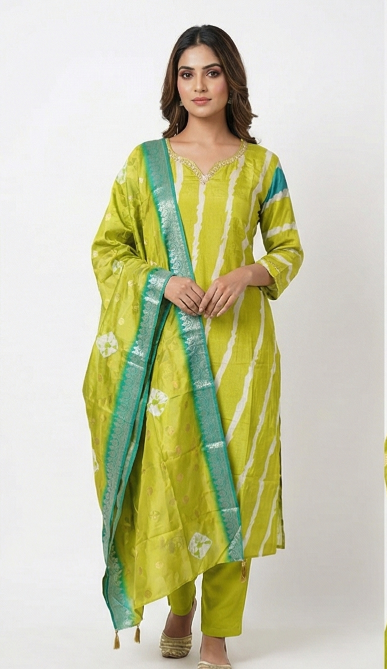 Lime Green Chinon Gold Embroidered Straight Kurta Set with Pant & Dupatta - Image 7
