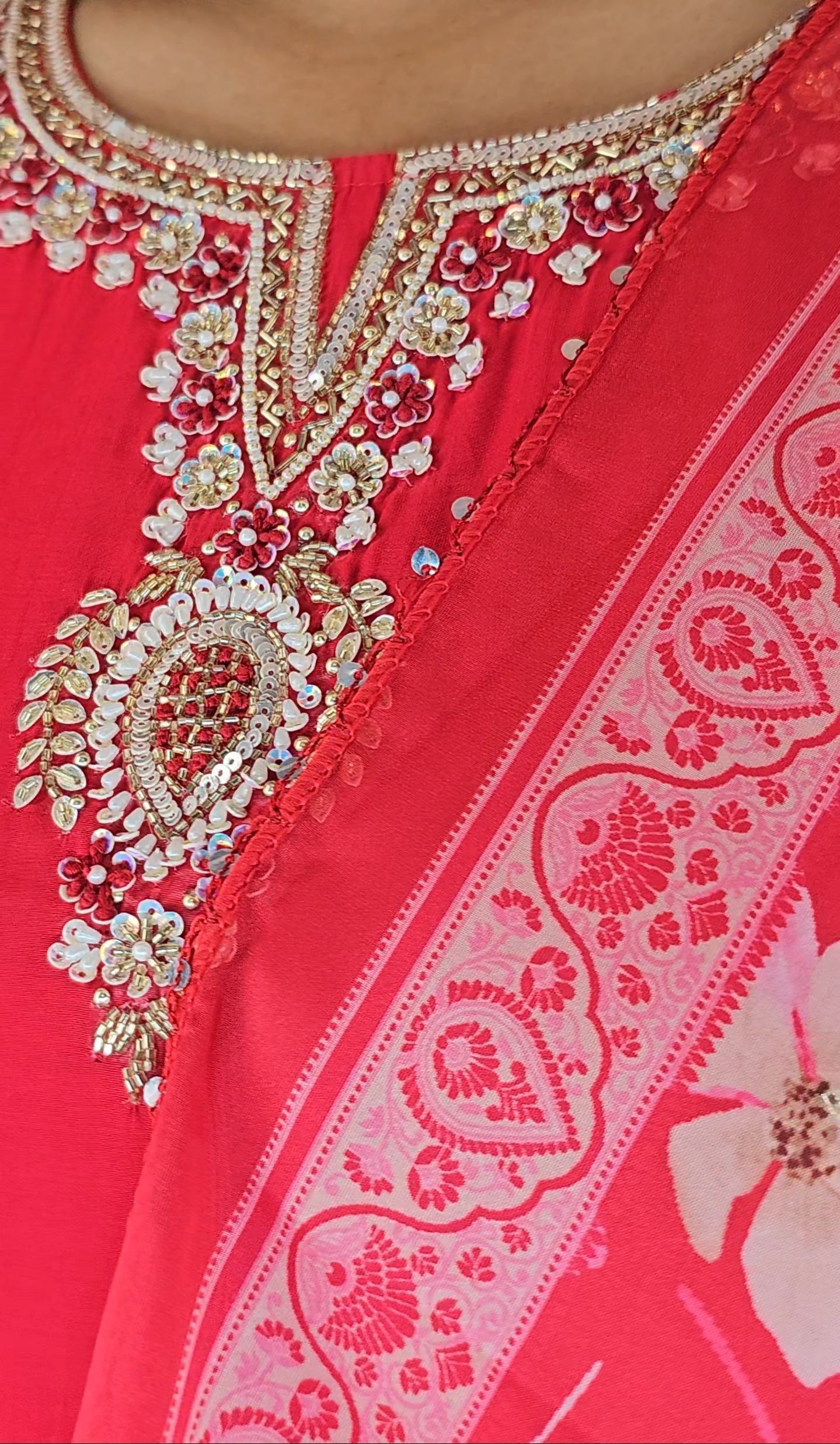 Red Roman Silk Sequin Embroidered Straight Kurta Set with Pant & Floral Dupatta - Image 10