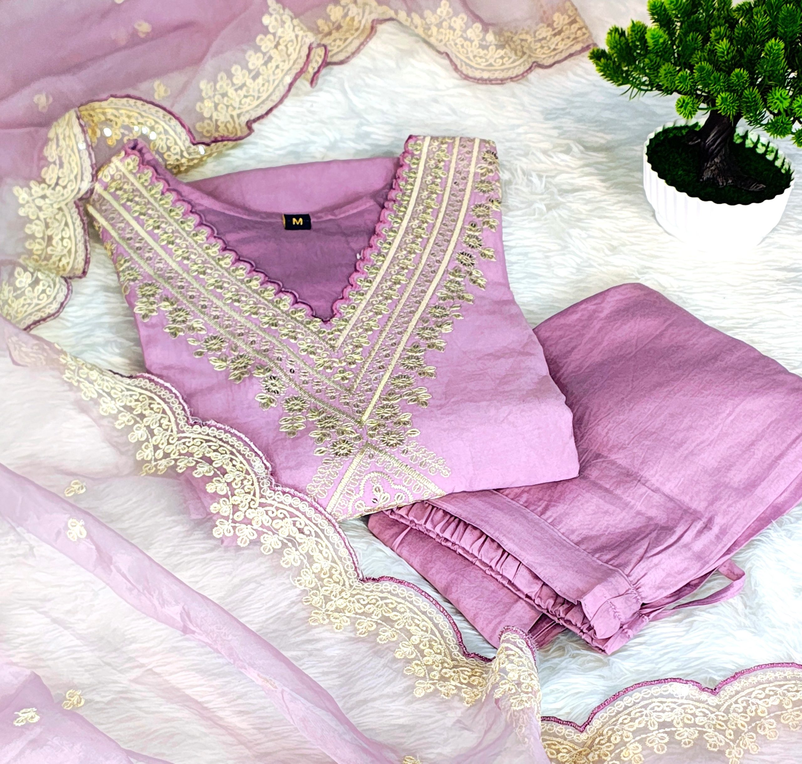 Lavender Mul Cotton Embroidered V-Neck Straight Kurta Set with Pant & Dupatta - Image 2