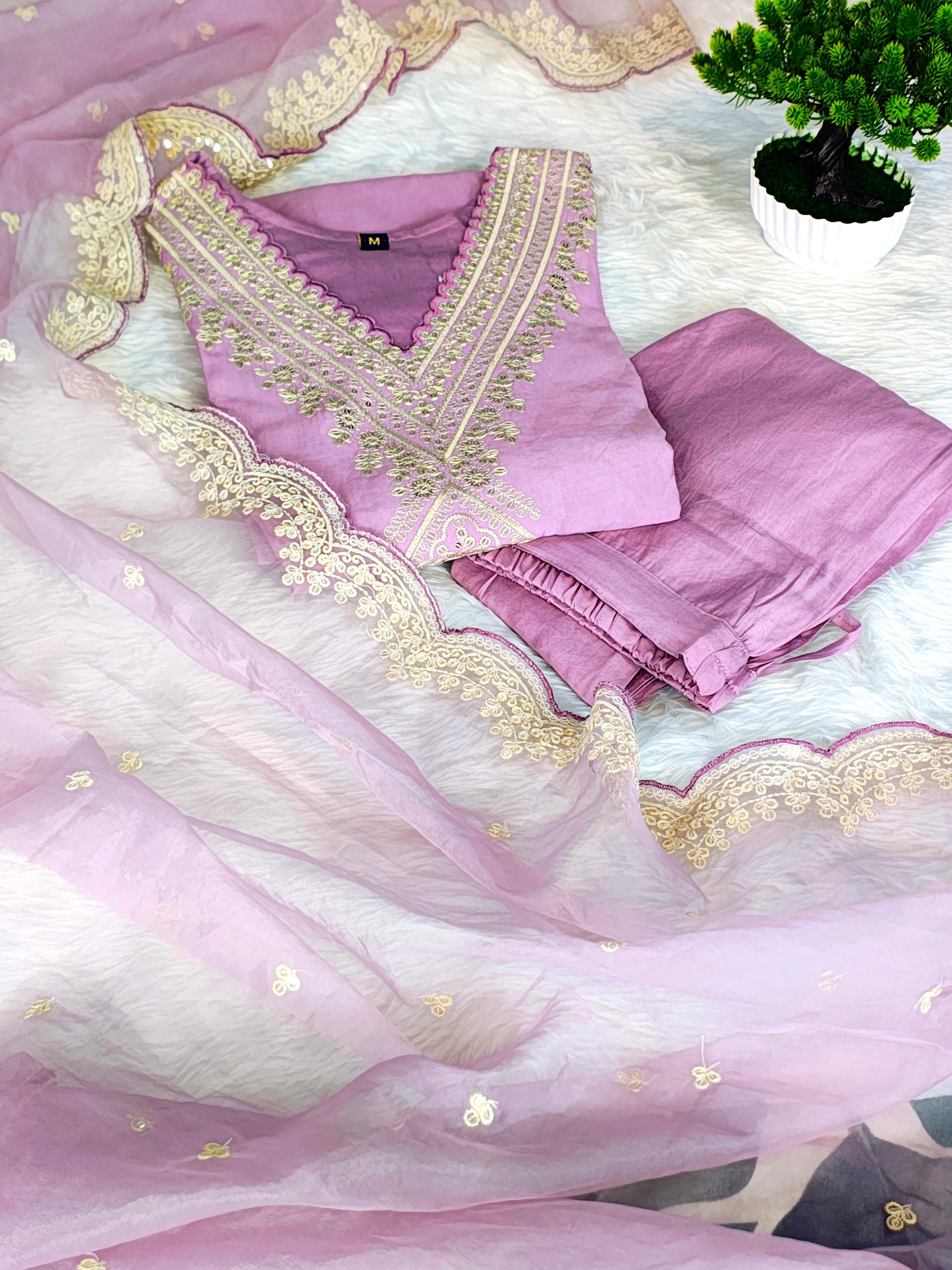 Lavender Mul Cotton Embroidered V-Neck Straight Kurta Set with Pant & Dupatta - Image 3