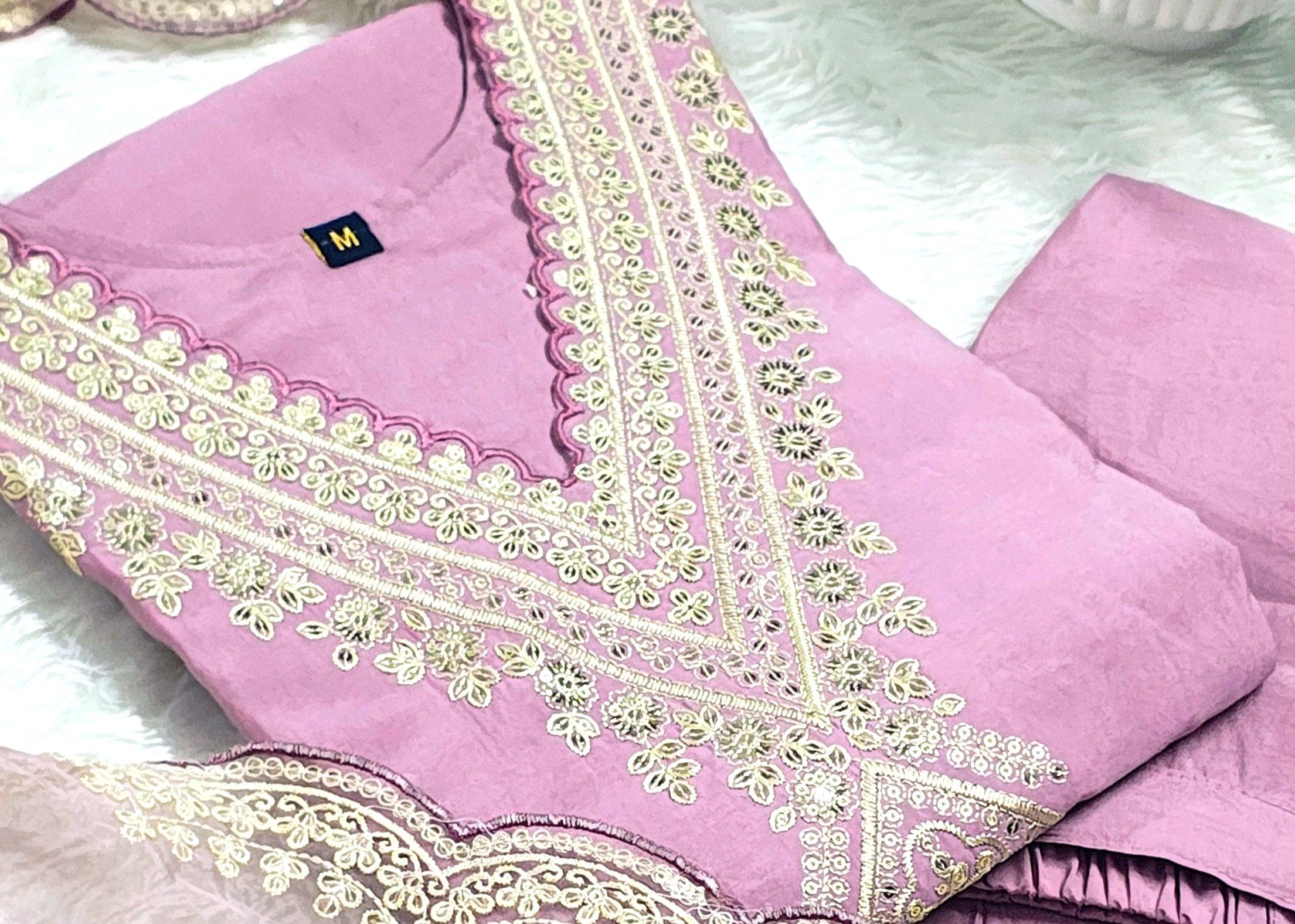 Lavender Mul Cotton Embroidered V-Neck Straight Kurta Set with Pant & Dupatta - Image 4