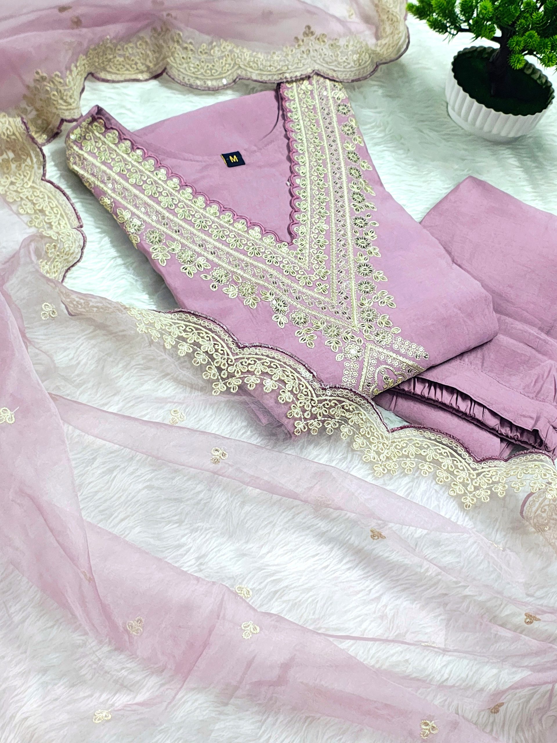 Lavender Mul Cotton Embroidered V-Neck Straight Kurta Set with Pant & Dupatta - Image 5