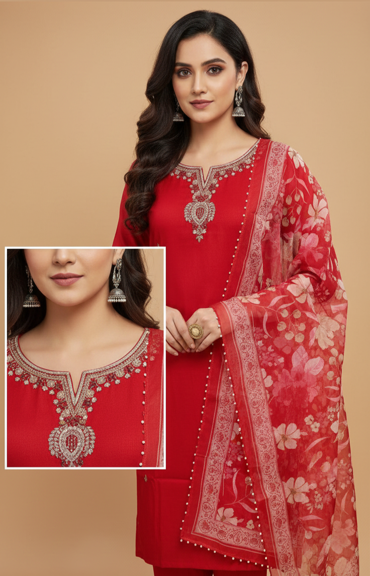 Red Roman Silk Sequin Embroidered Straight Kurta Set with Pant & Floral Dupatta - Image 8