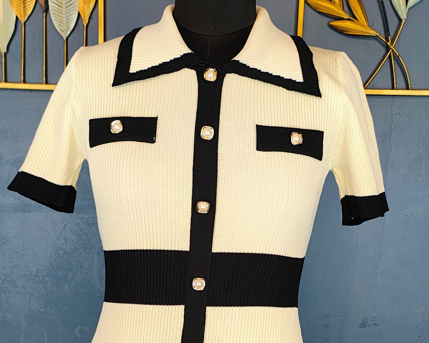 Off-White & Black Bodycon Dress with Pearl Buttons - Image 3