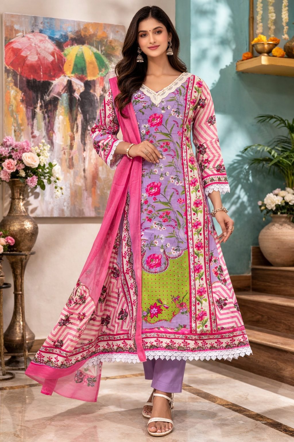 Lavender Bloom V-Neck Lace Embroidered Cotton Kurta Set with Pant & Dupatta - Image 3