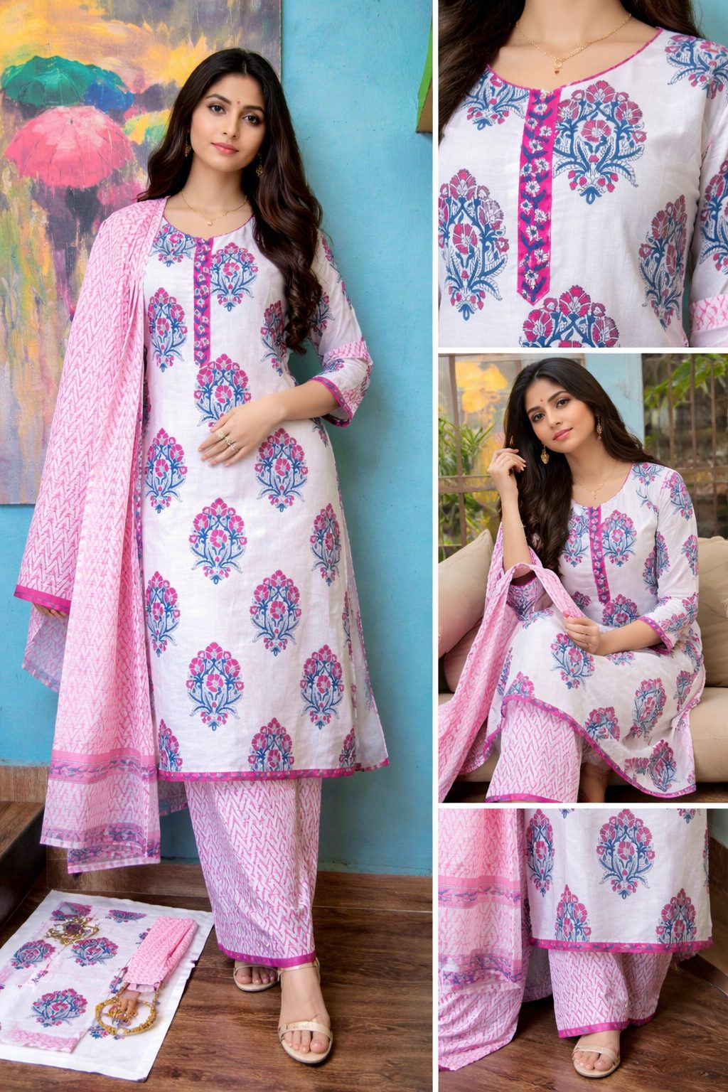 Blush Petal Poly Cotton Printed Kurta Set with Pant & Dupatta - Image 4