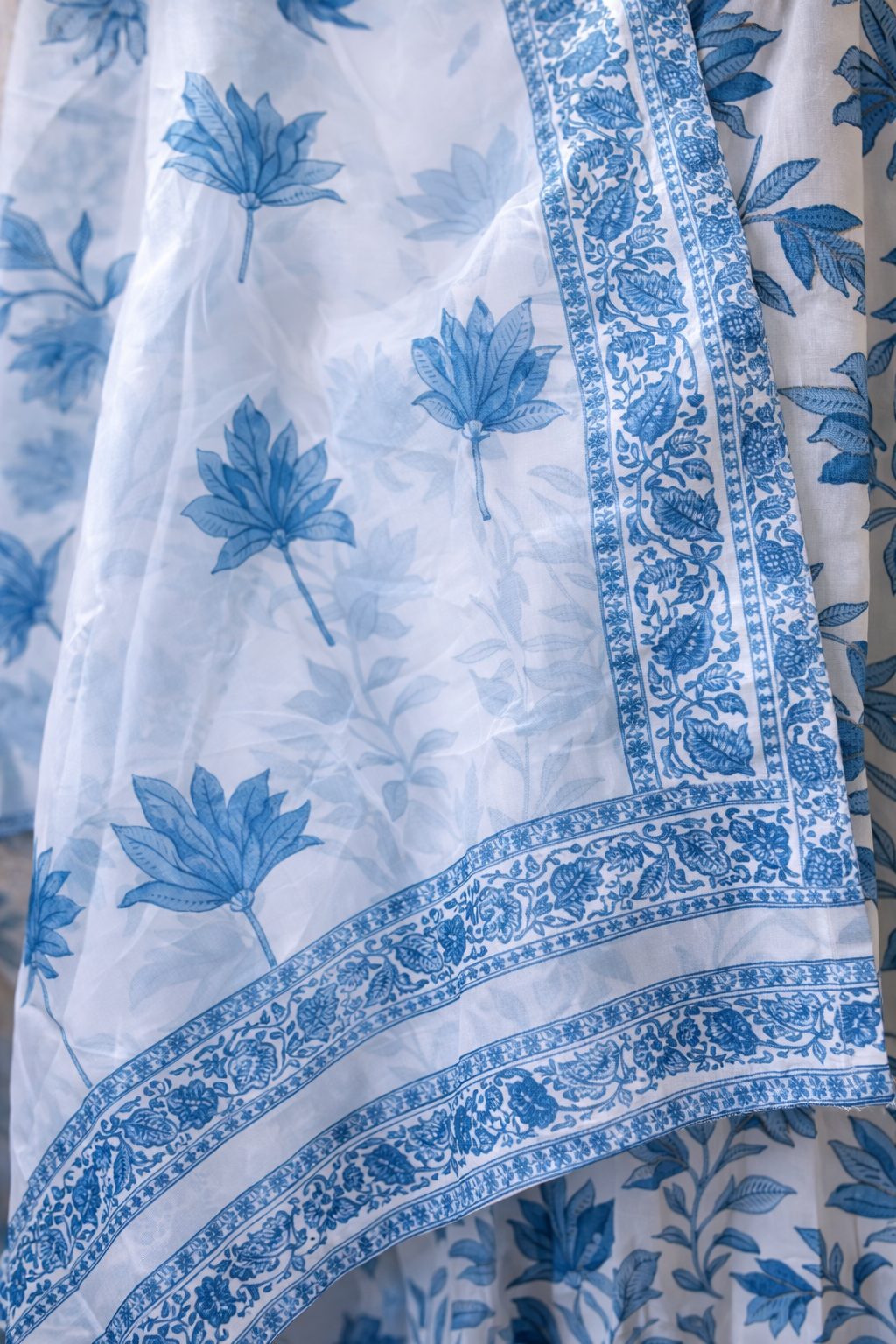 Azure Bloom V-Neck Lace Embroidered Poly Cotton Anarkali Kurta Set with Pant & Organza Dupatta - Image 3