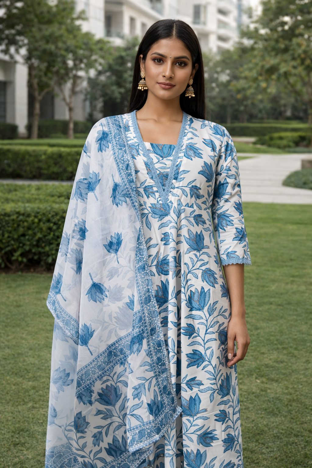 Azure Bloom V-Neck Lace Embroidered Poly Cotton Anarkali Kurta Set with Pant & Organza Dupatta - Image 4