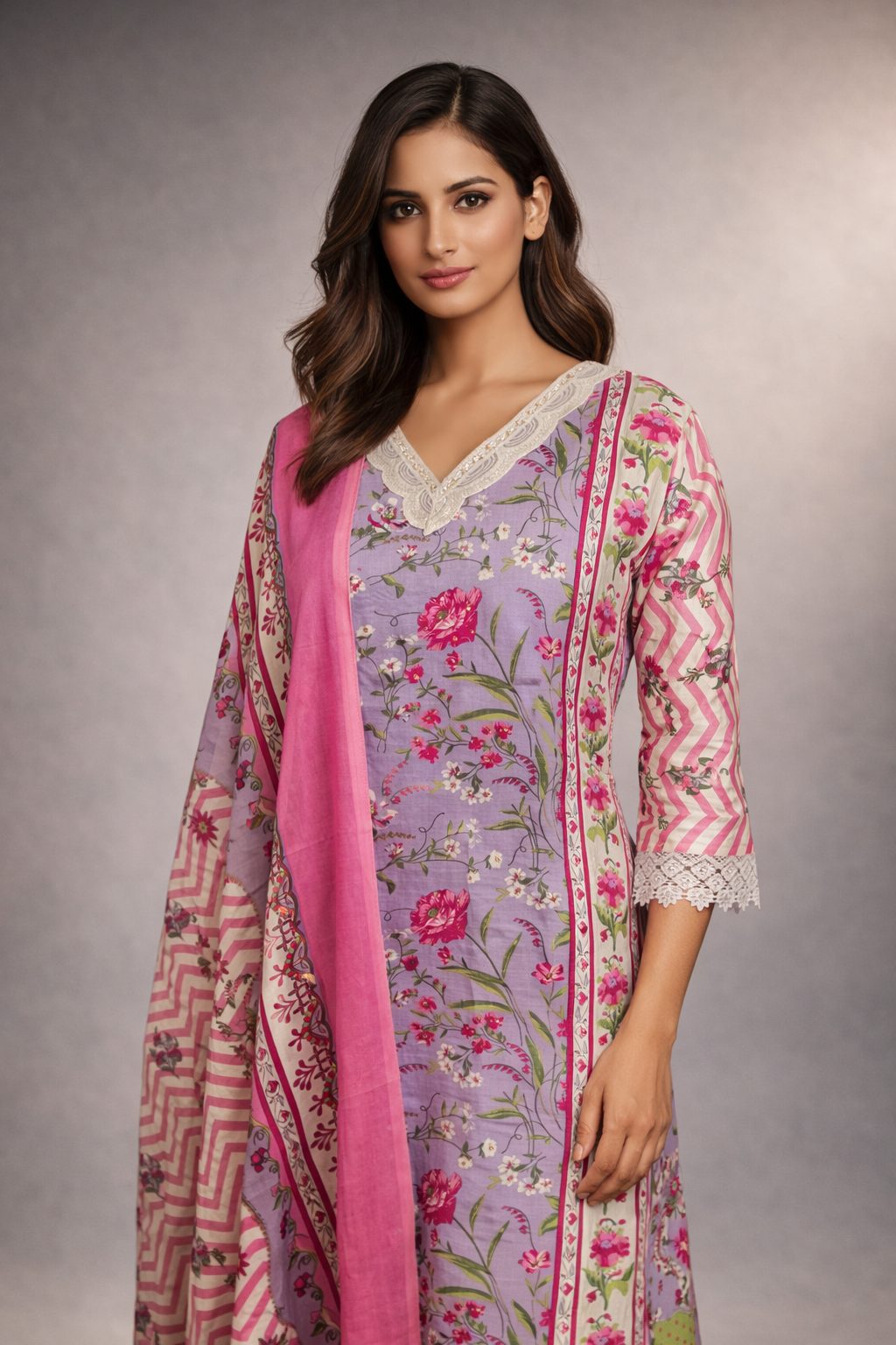 Lavender Bloom V-Neck Lace Embroidered Cotton Kurta Set with Pant & Dupatta - Image 2