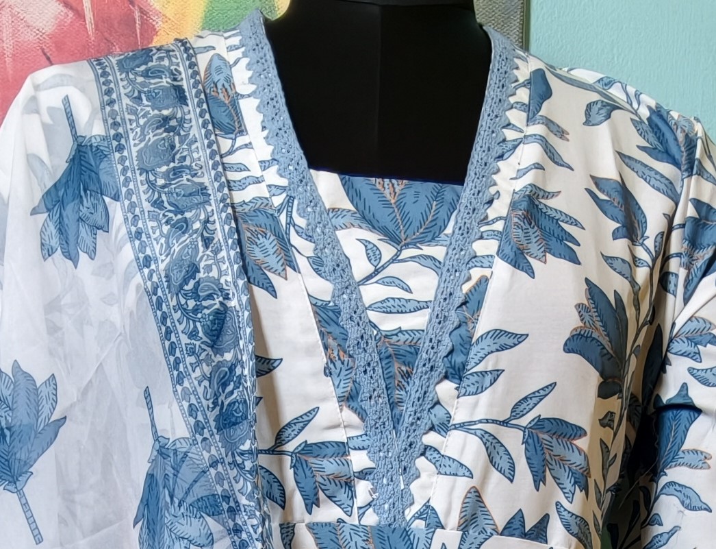 Azure Bloom V-Neck Lace Embroidered Poly Cotton Anarkali Kurta Set with Pant & Organza Dupatta - Image 2