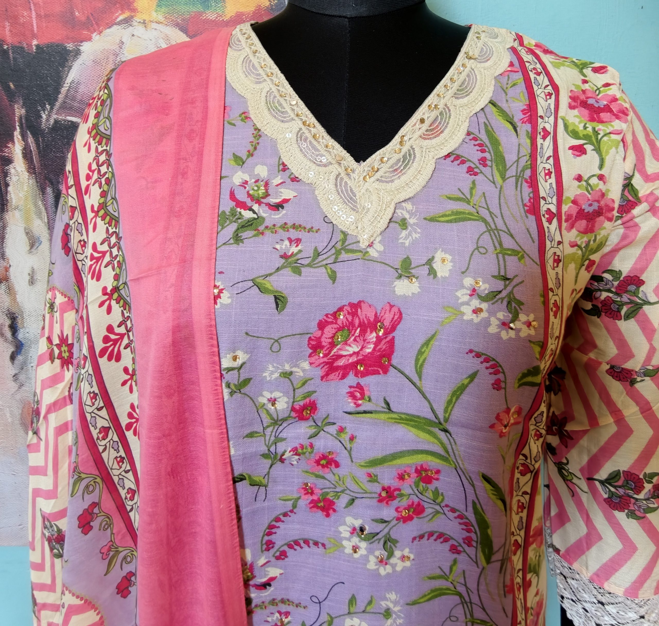 Lavender Bloom V-Neck Lace Embroidered Cotton Kurta Set with Pant & Dupatta - Image 4