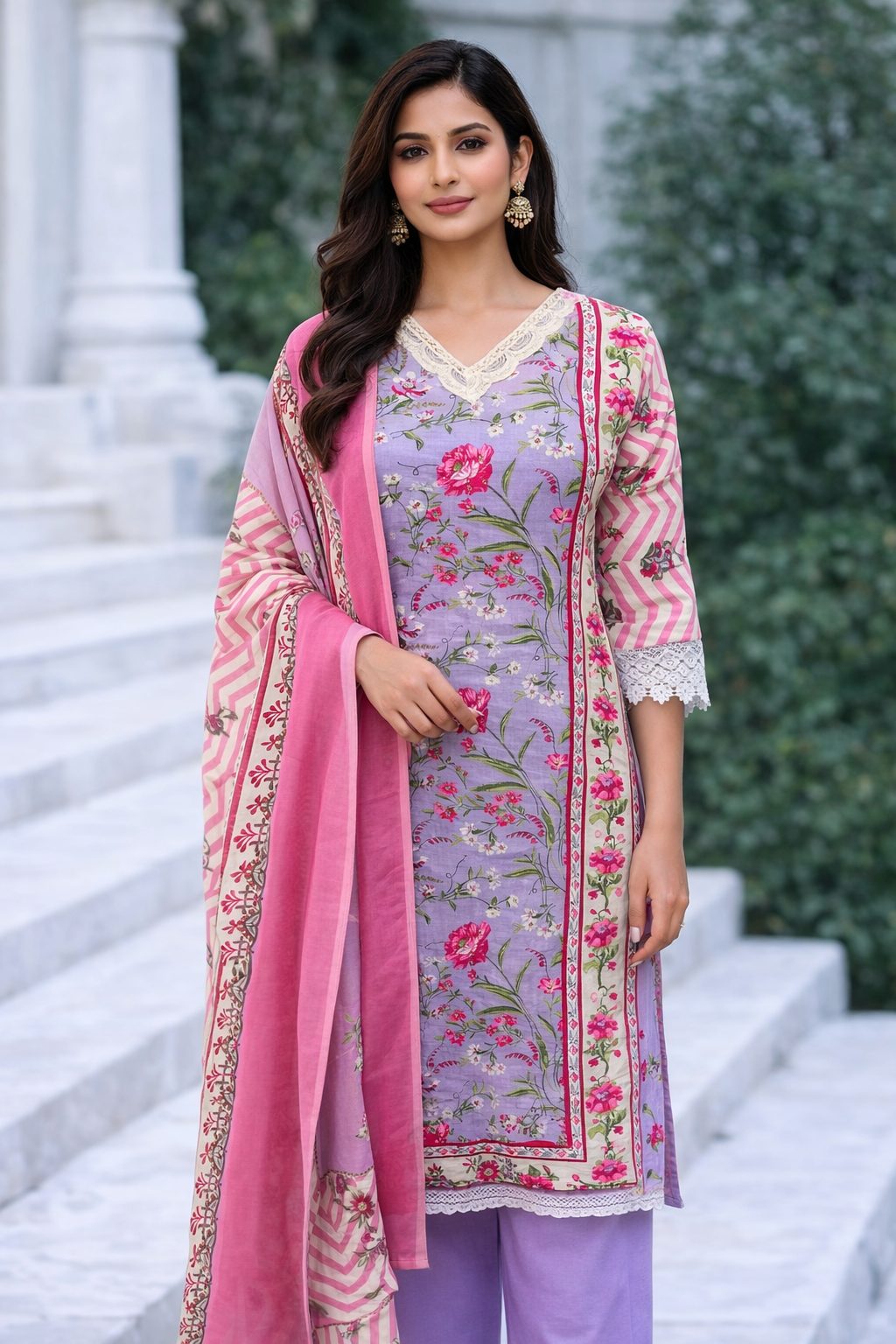 Lavender Bloom V-Neck Lace Embroidered Cotton Kurta Set with Pant & Dupatta