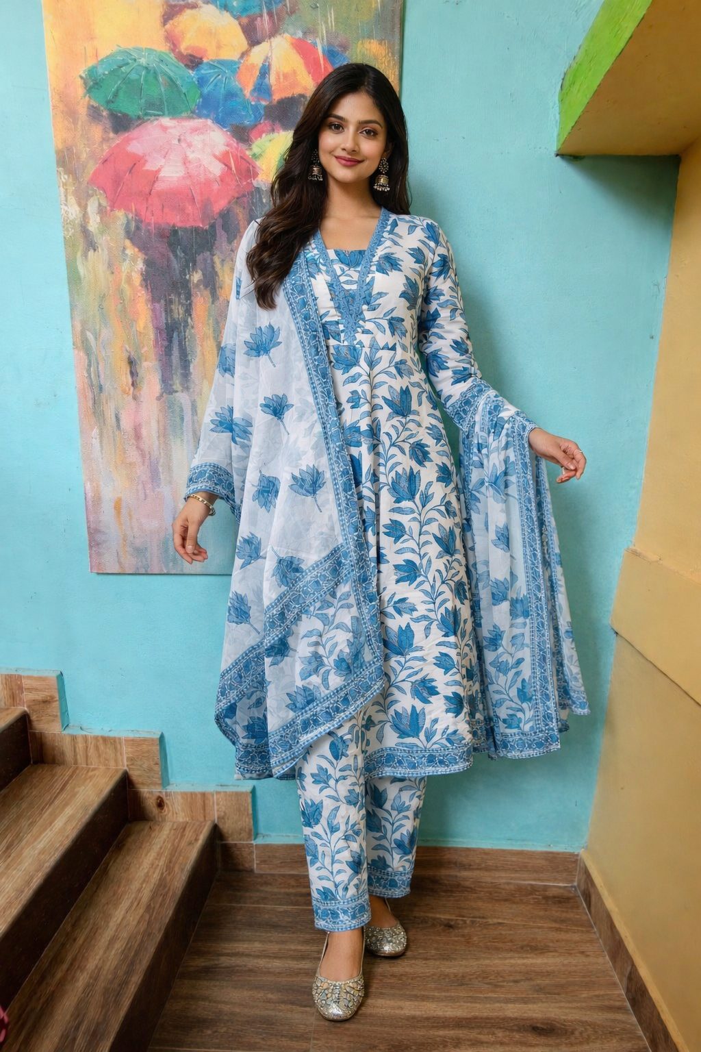Azure Bloom V-Neck Lace Embroidered Poly Cotton Anarkali Kurta Set with Pant & Organza Dupatta