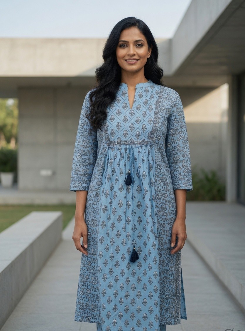 Blue Bell Powder Blue Floral Block Printed V-Neck Kurta with Sequin Work - Image 3