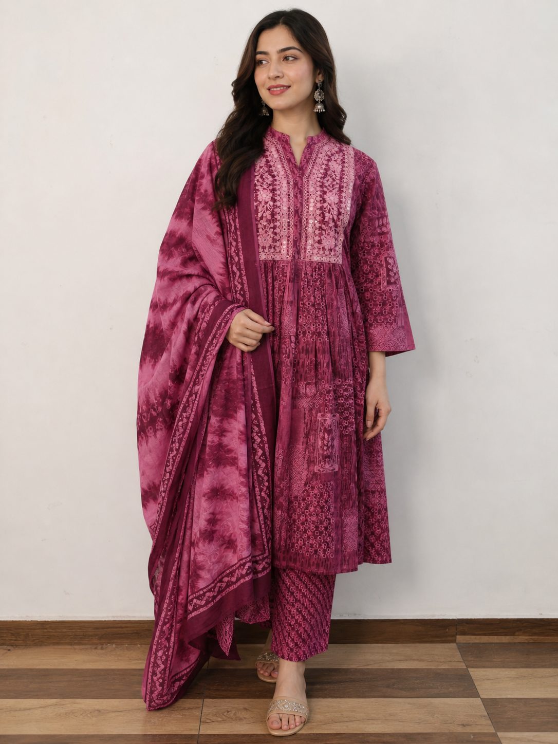 Velvet Bloom Magenta Mirror Work Yoke Anarkali Kurta Set with Pant & Dupatta