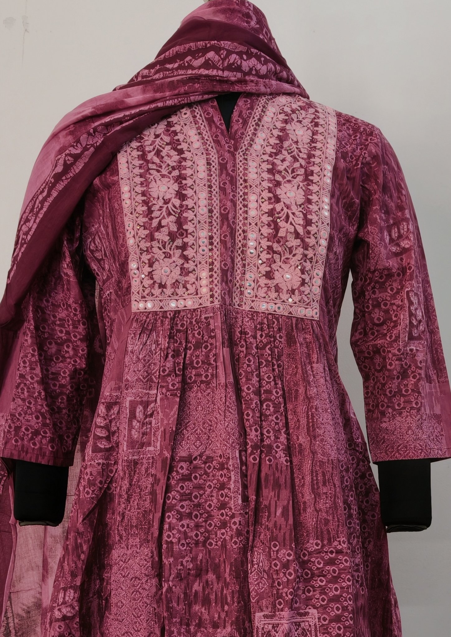 Velvet Bloom Magenta Mirror Work Yoke Anarkali Kurta Set with Pant & Dupatta - Image 3