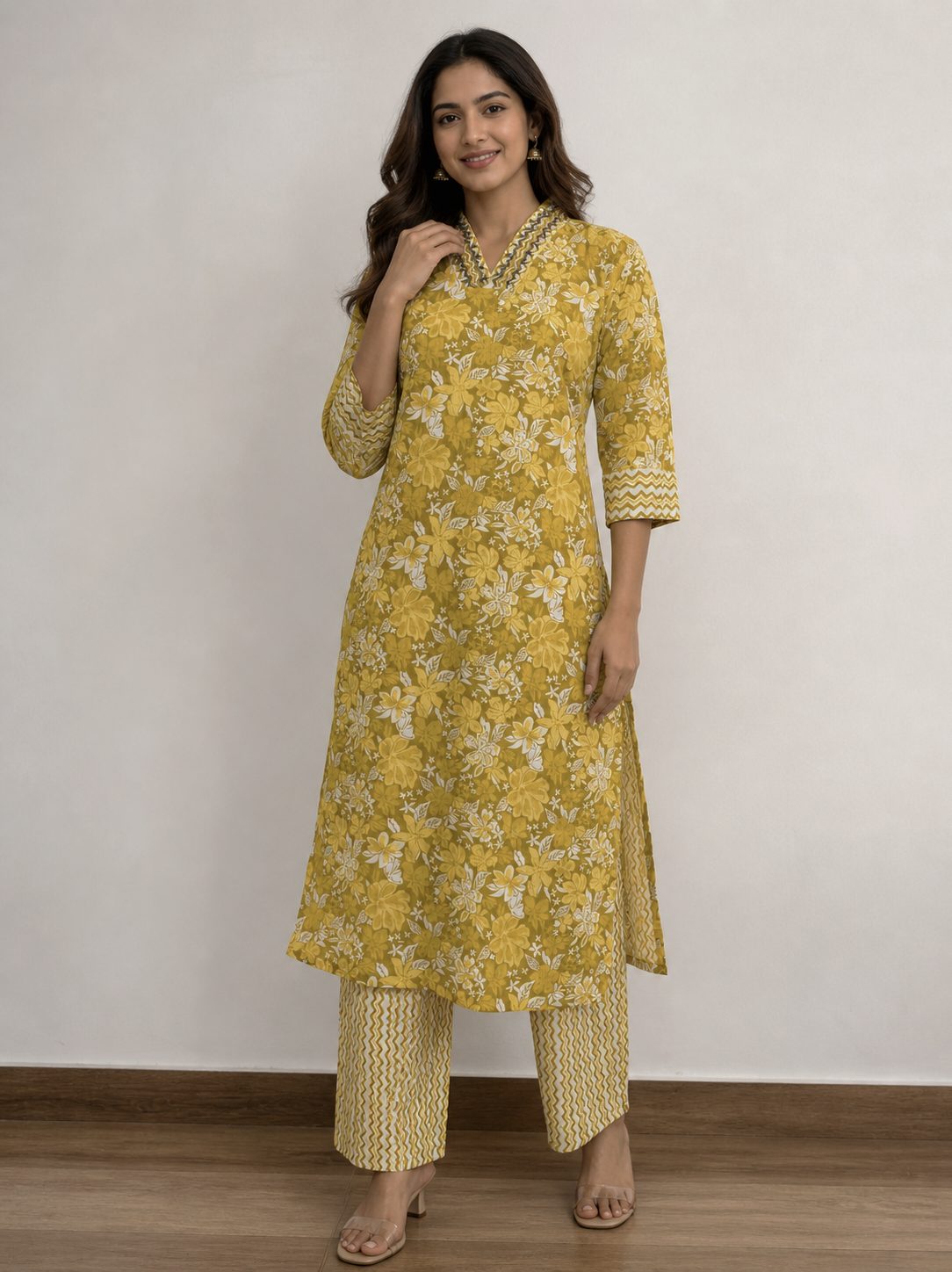 Marigold Yellow Floral Beaded & Sequined Kurta and Pant with pocket Set | Cotton Ethnic Co-ord Set - Image 5