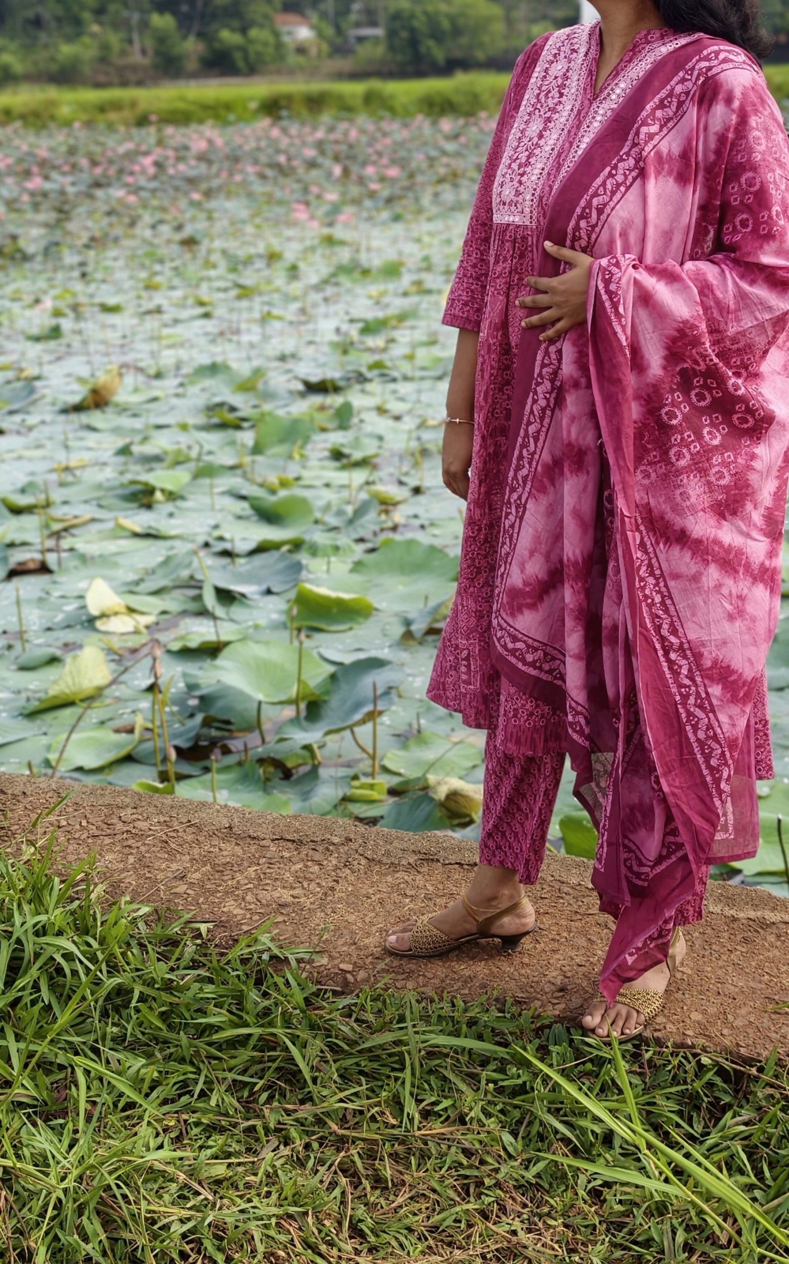 Velvet Bloom Magenta Mirror Work Yoke Anarkali Kurta Set with Pant & Dupatta - Image 6