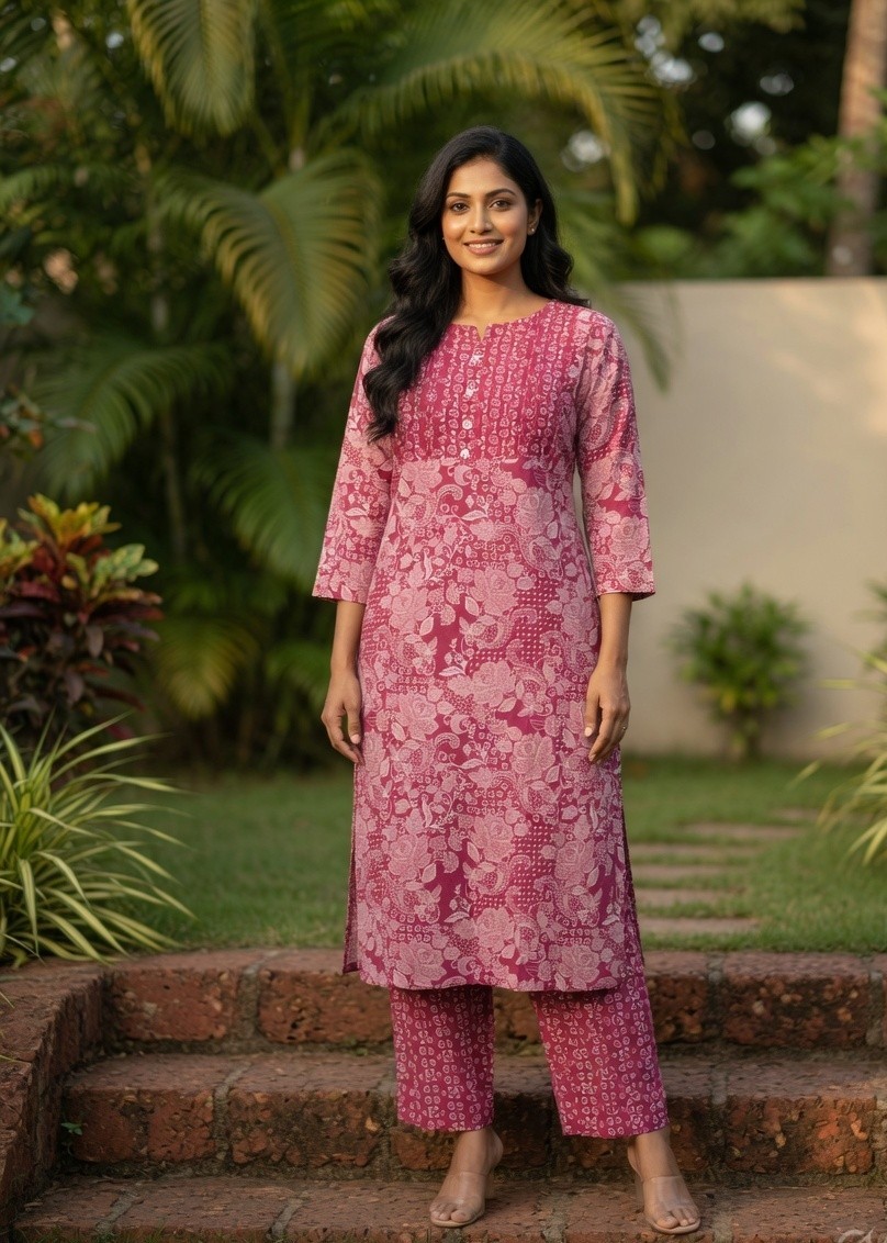Magenta Floral Block Printed Straight Kurta with Pockets - Image 4