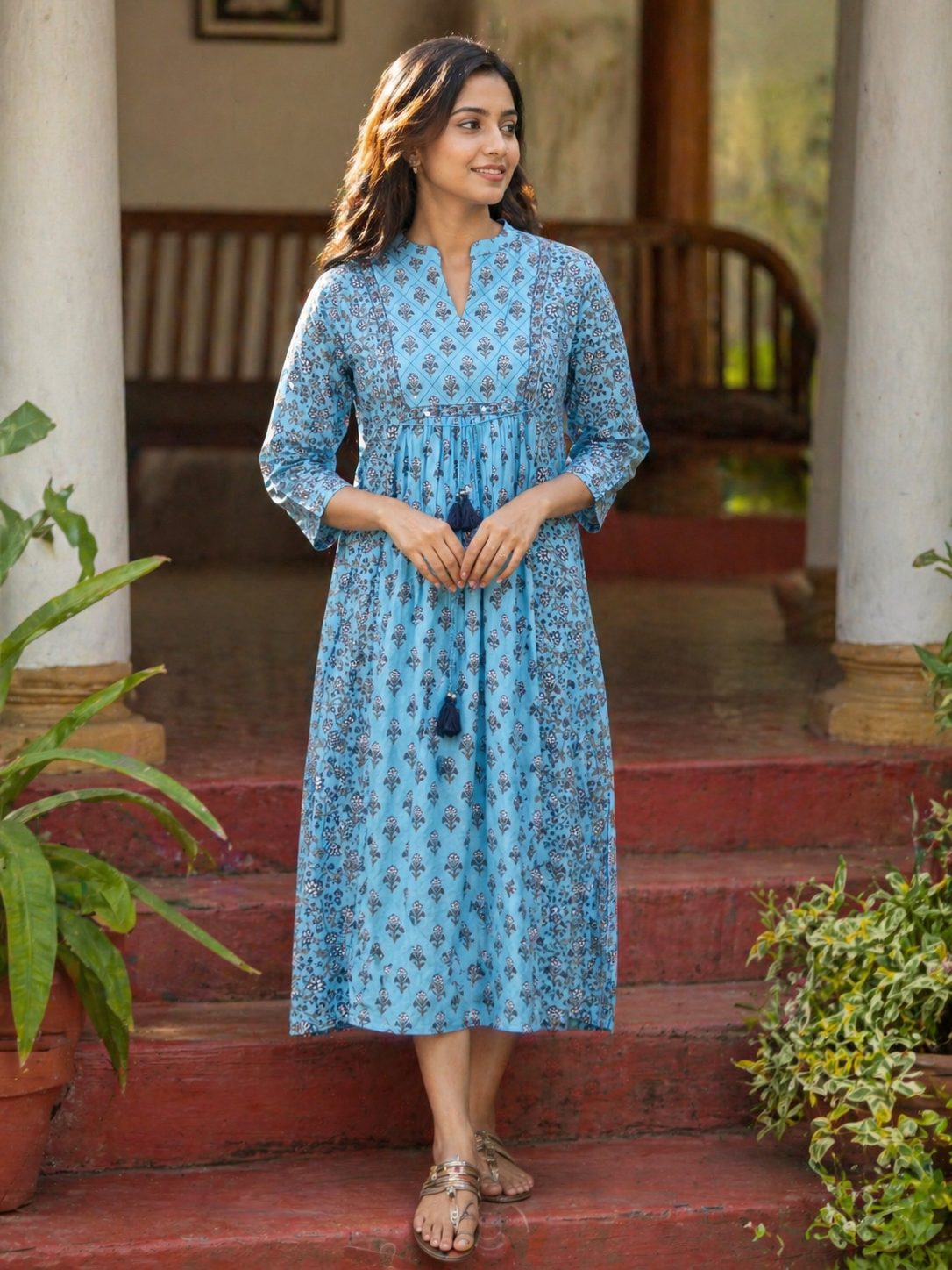 Blue Bell Powder Blue Floral Block Printed V-Neck Kurta with Sequin Work