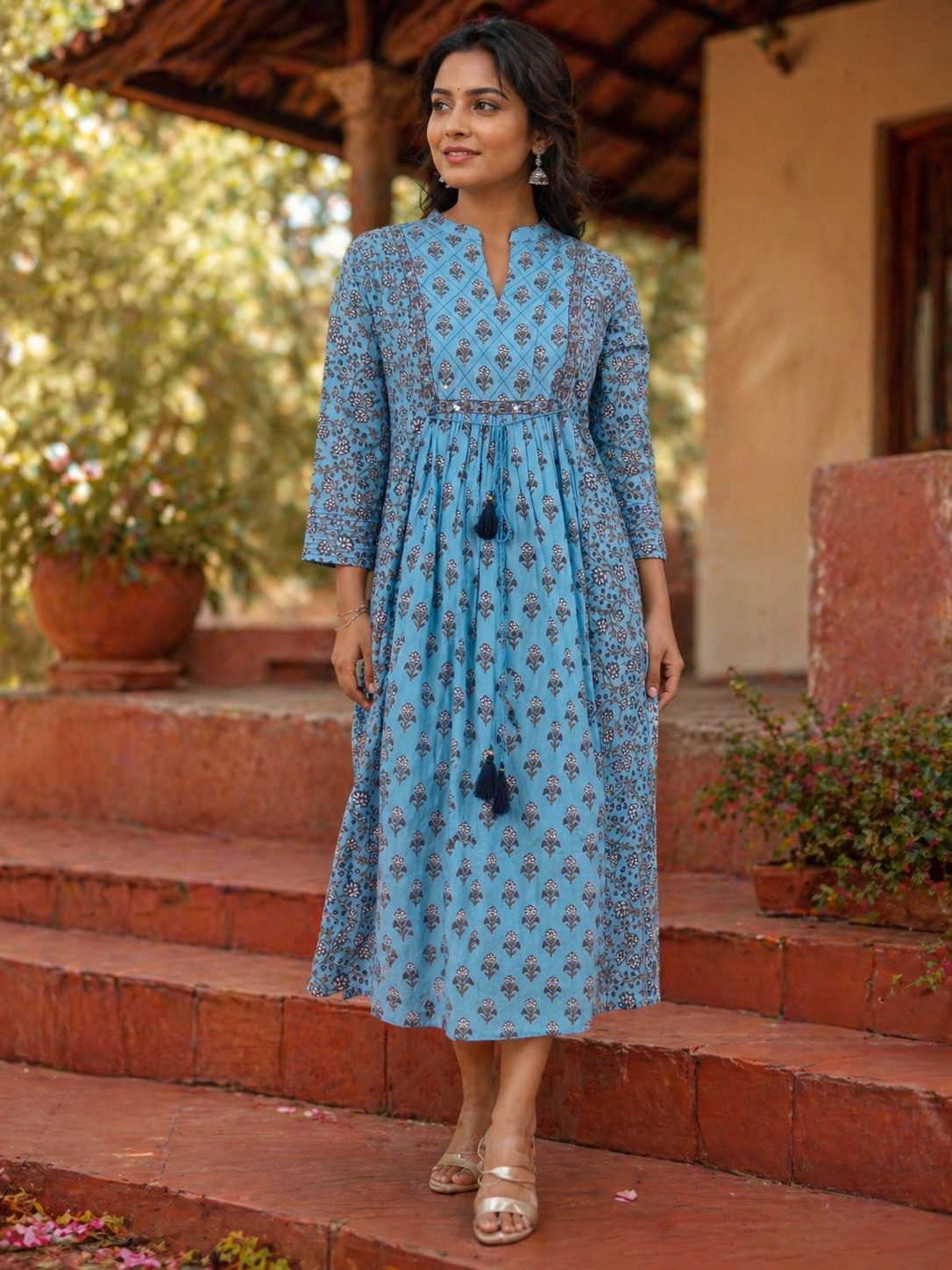 Blue Bell Powder Blue Floral Block Printed V-Neck Kurta with Sequin Work - Image 6