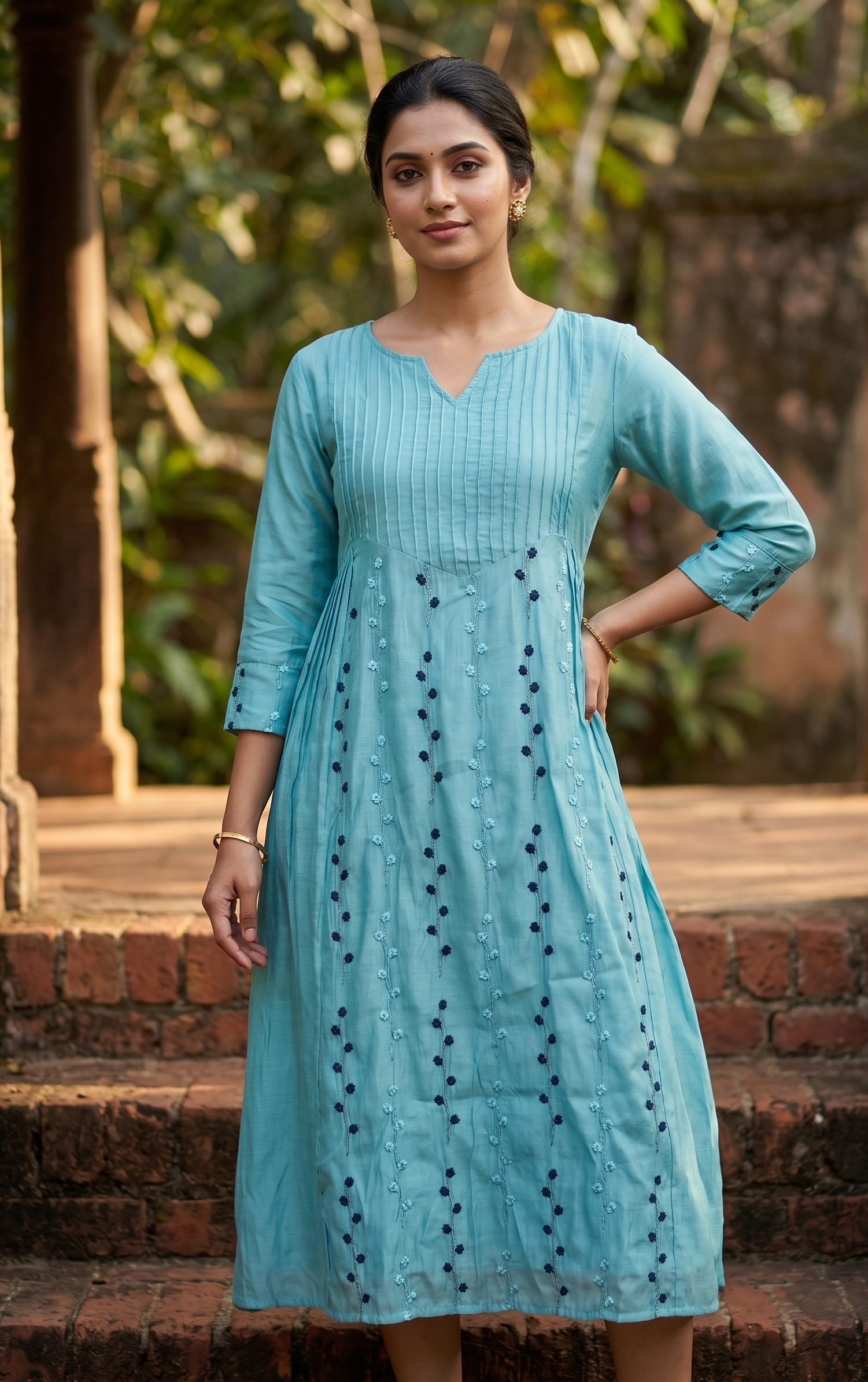 Cyan Blue Mul-Chanderi A-Line Kurta with Floral Thread Embroidery - Image 3