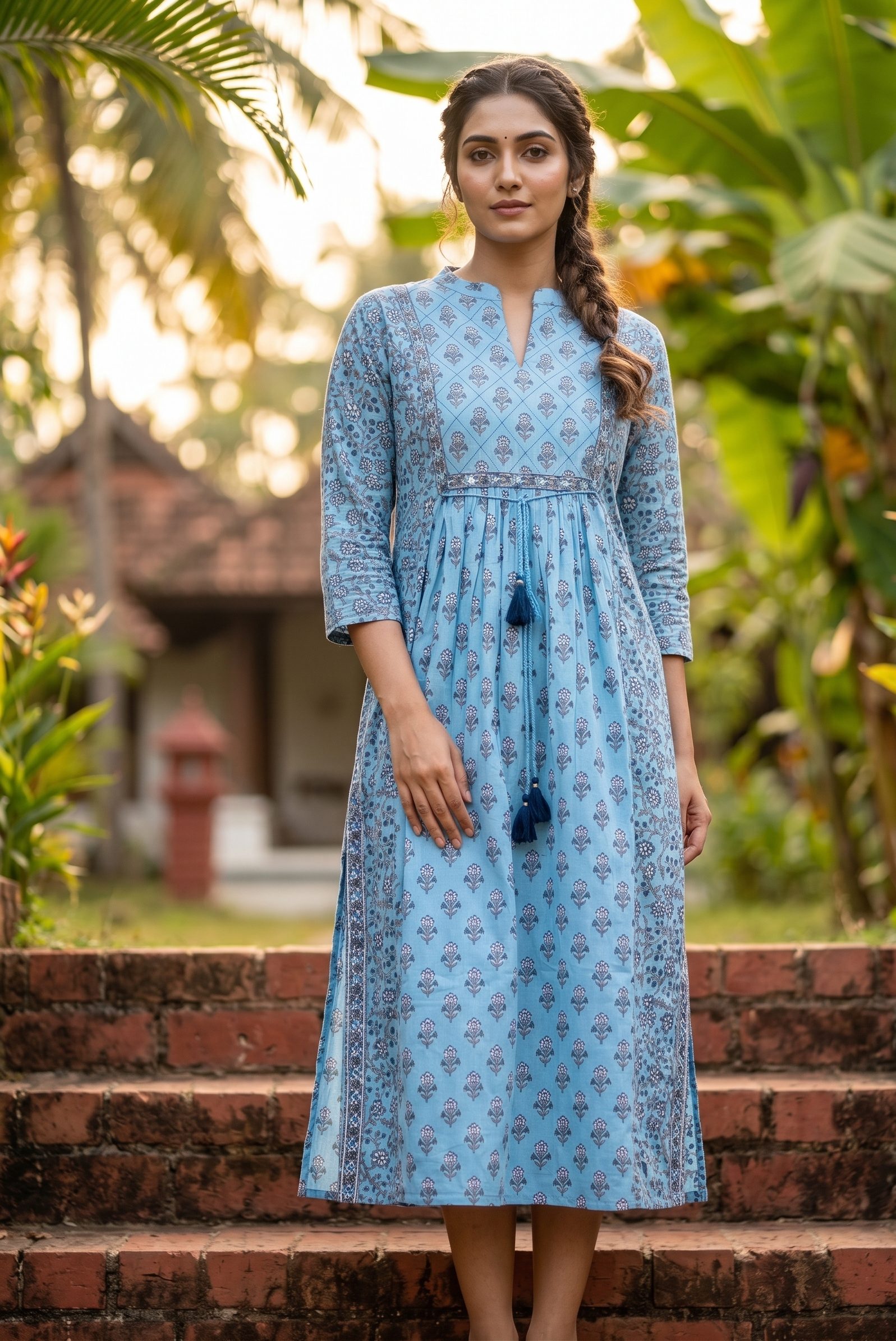 Blue Bell Powder Blue Floral Block Printed V-Neck Kurta with Sequin Work - Image 2