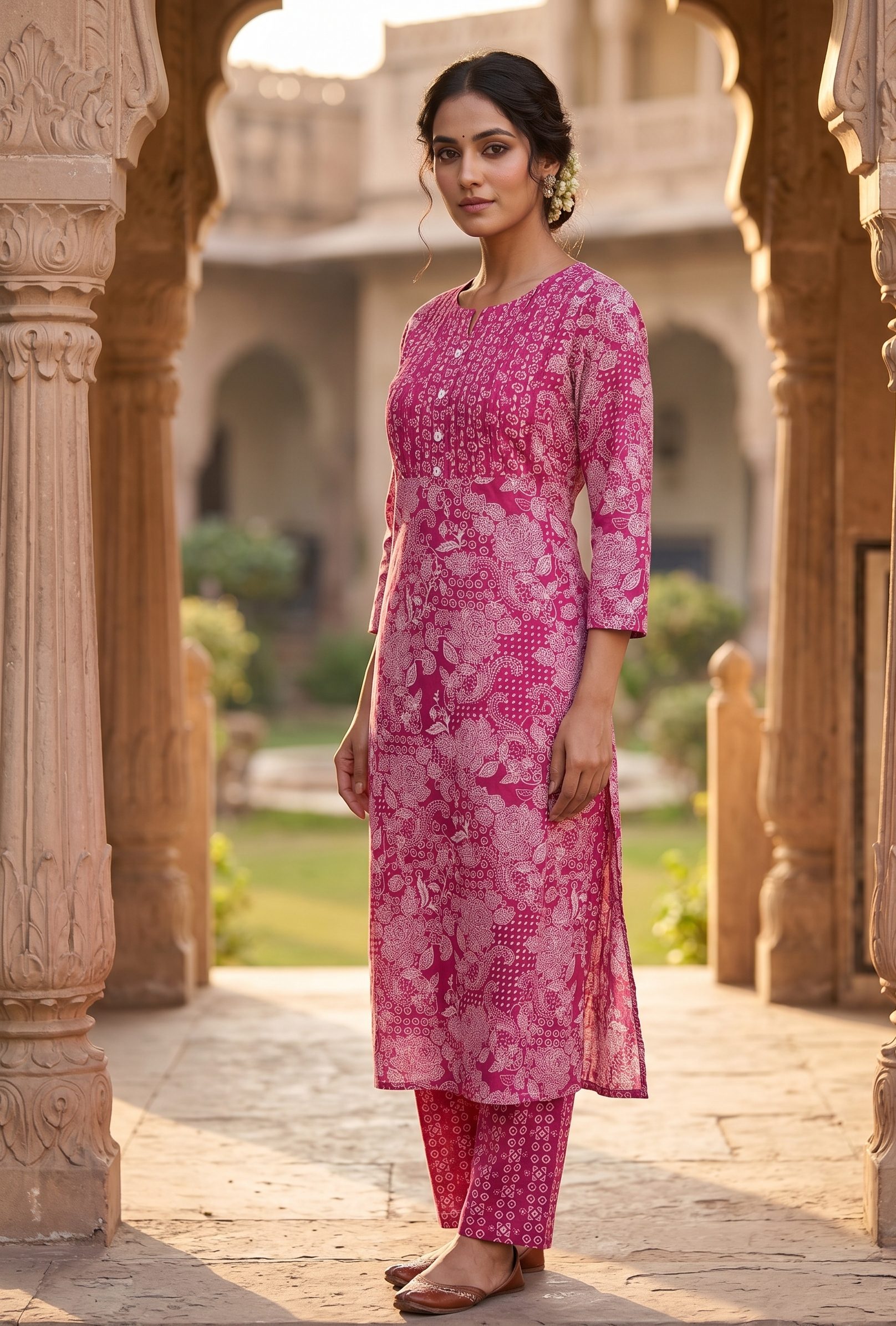 Magenta Floral Block Printed Straight Kurta with Pockets