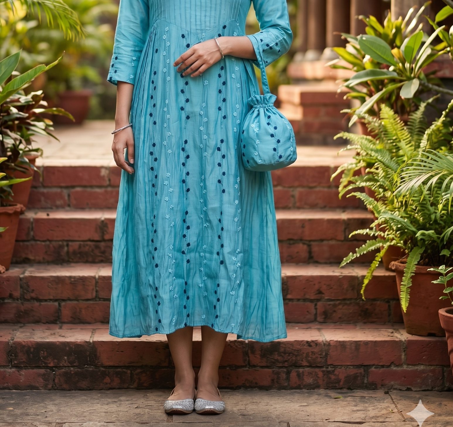 Cyan Blue Mul-Chanderi A-Line Kurta with Floral Thread Embroidery - Image 2