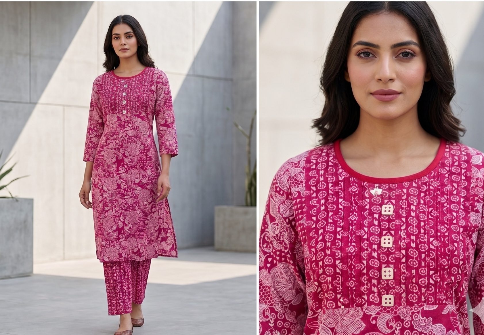 Magenta Floral Block Printed Straight Kurta with Pockets - Image 2