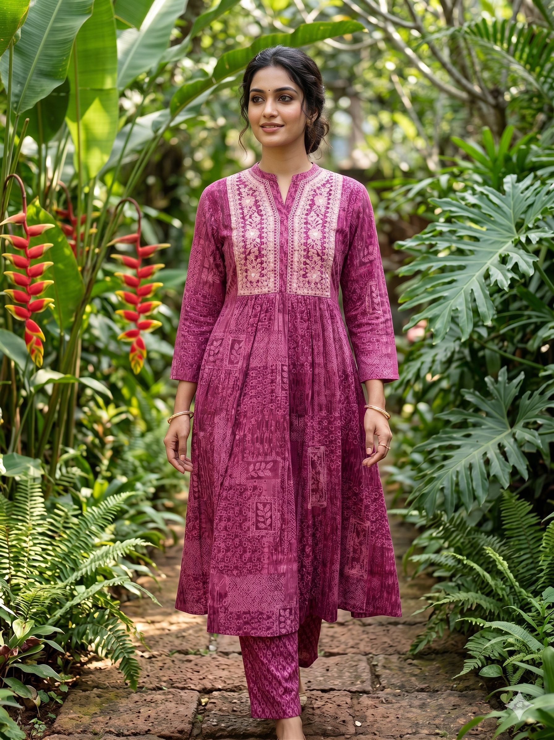 Velvet Bloom Magenta Mirror Work Yoke Anarkali Kurta Set with Pant & Dupatta - Image 2