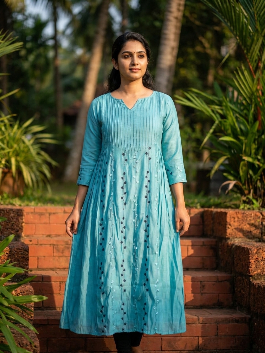 Cyan Blue Mul-Chanderi A-Line Kurta with Floral Thread Embroidery