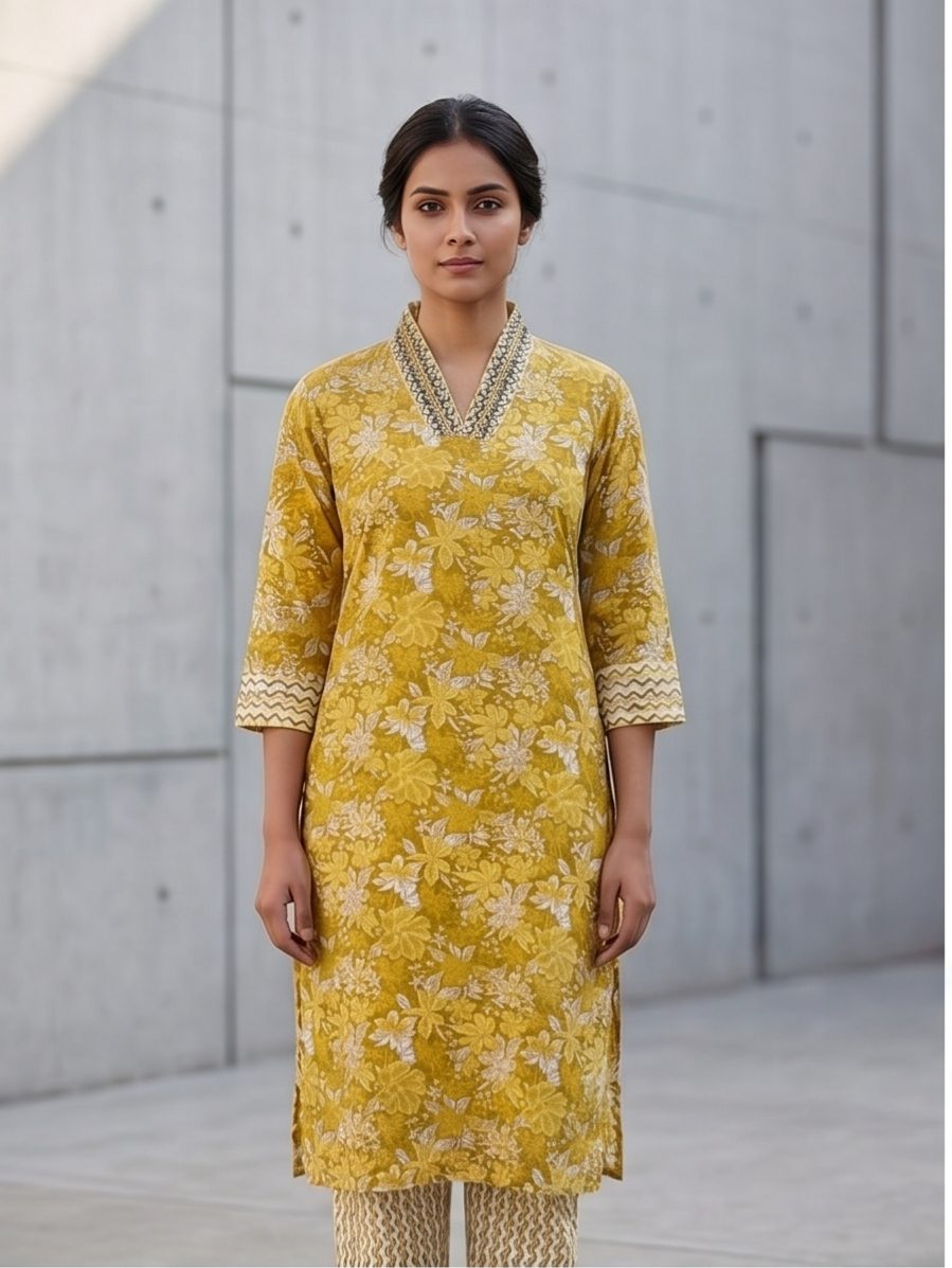 Marigold Yellow Floral Beaded & Sequined Kurta and Pant with pocket Set | Cotton Ethnic Co-ord Set - Image 3