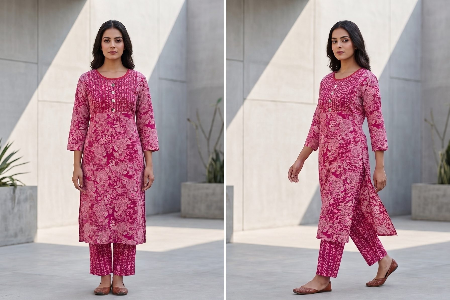 Magenta Floral Block Printed Straight Kurta with Pockets - Image 3