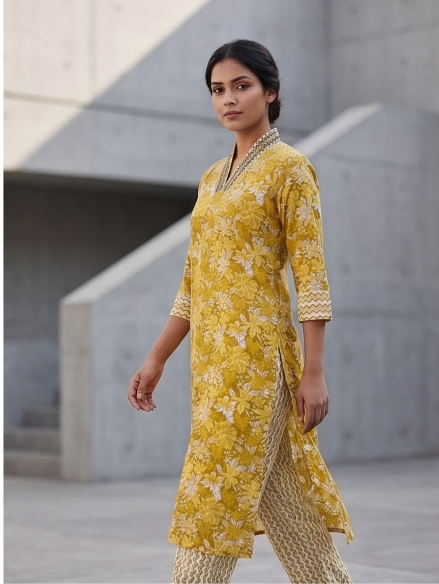 Marigold Yellow Floral Beaded & Sequined Kurta and Pant with pocket Set | Cotton Ethnic Co-ord Set