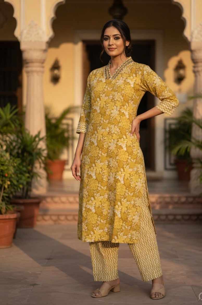 Marigold Yellow Floral Beaded & Sequined Kurta and Pant with pocket Set | Cotton Ethnic Co-ord Set - Image 4