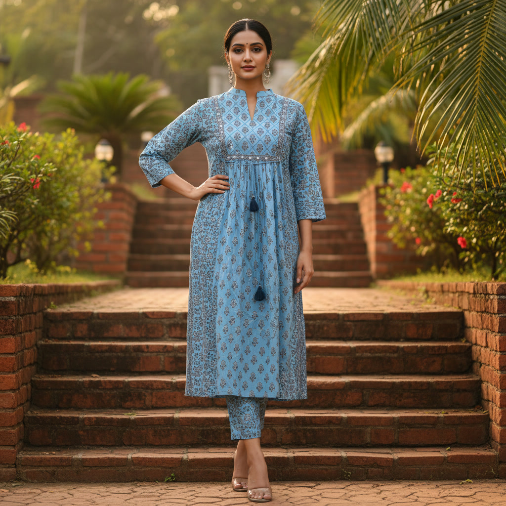 Blue Bell Powder Blue Floral Block Printed V-Neck Kurta with Sequin Work - Image 5