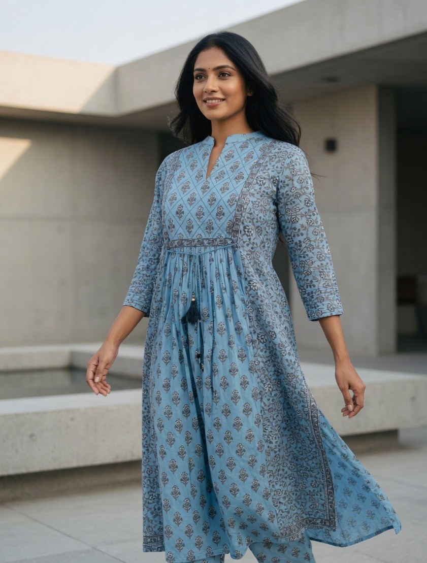 Blue Bell Powder Blue Floral Block Printed V-Neck Kurta with Sequin Work - Image 4