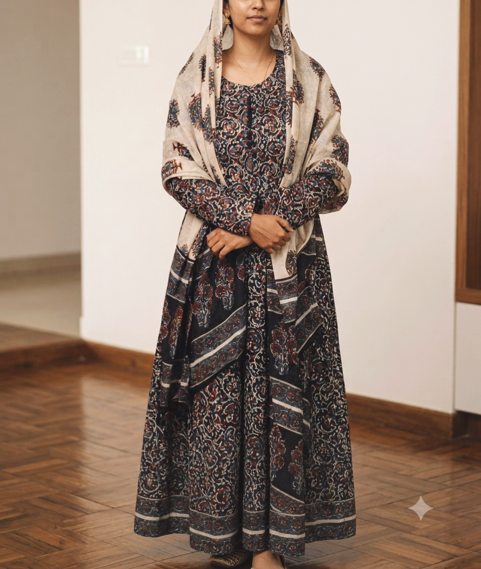 Floral Ajrakh Black cotton printed long sleeve A-line umbrella-cut kurta set